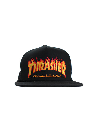 thrasher black 'embroidered flame logo' 5-panel cap. features red, orange, and yellow embroidered branding text with flames at front panel; mesh back panels, and adjustable snapback. 