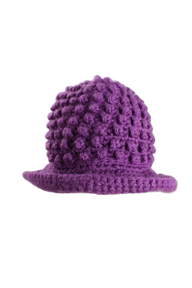 unlabeled purple crocheted bucket hat. featuring crocheted dots design and asymmetric rolled brim.