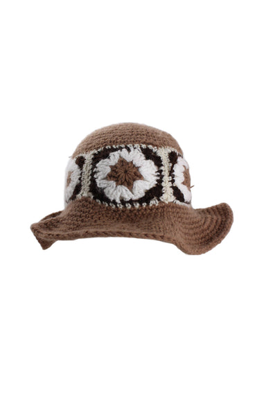 unlabeled brown floral knit bucket hat. features floral embroidered design at crown, and ~2" brim. interior unlined.