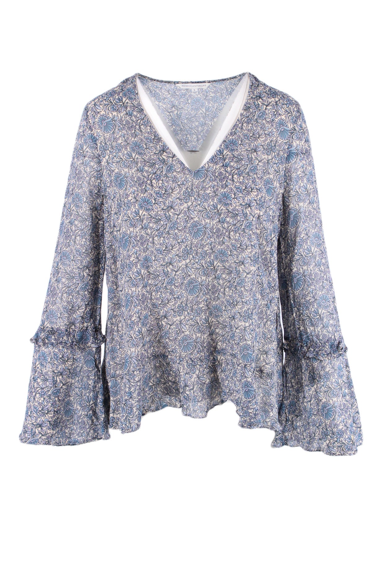 rebecca minkoff blue multicolor long sleeve top. features a v neckline, flouncy sleeves with a conceptual tier ruffle detail, and a semi sheer style/design.