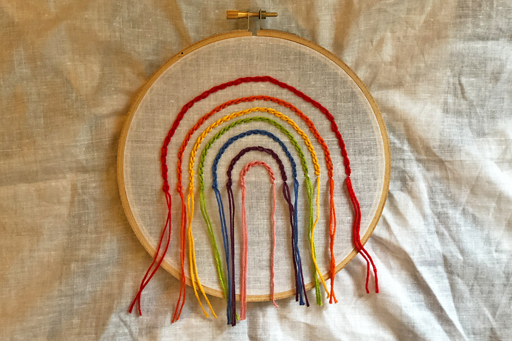 rainbow threads stitched in embroidery hoop with chain stitch