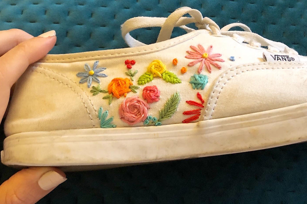 hand stitched Vans with flowers embroidered by Em Royston of Chasing Threads