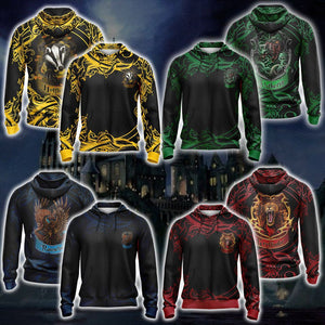 Harry Potter Hogwarts House Gryffindor Slytherin Ravenclaw Hufflepuff Unisex 3D Zip Hoodie