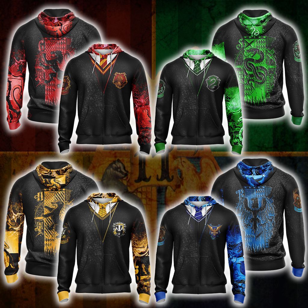 Harry Potter Hogwarts House Gryffindor Slytherin Ravenclaw Hufflepuff Unisex 3D Zip Hoodie