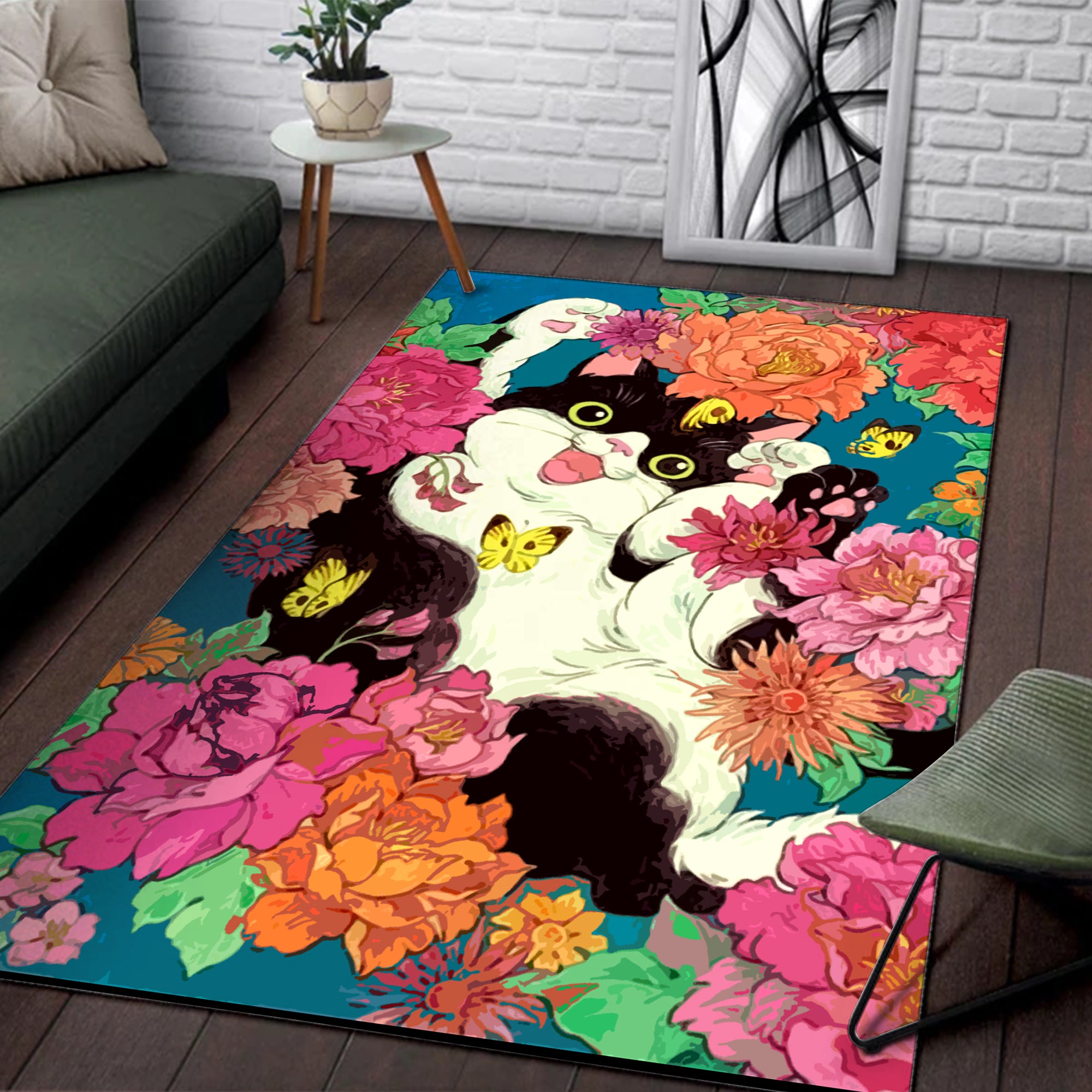 Black Cat And Flowers Square Rug