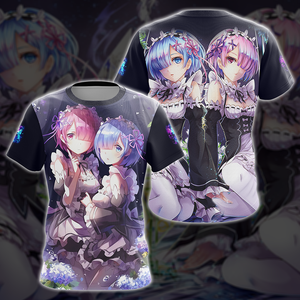 Rem & Ram Re:Zero All Over Print T-shirt Tank Top Zip Hoodie Pullover Hoodie