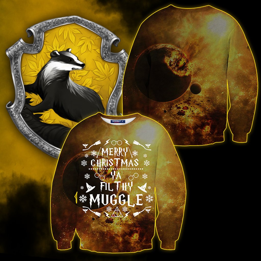 Hufflepuff Merry Christmas Ya Filthy Muggle Harry Potter 3D Sweater