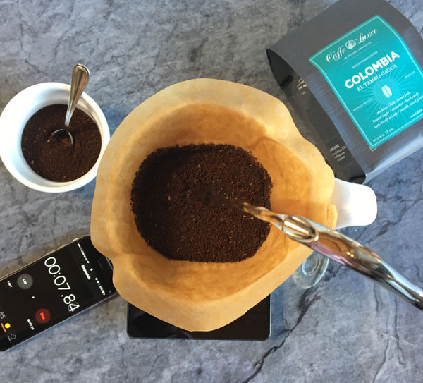 an above shot of pour over coffee immediately after the first pour