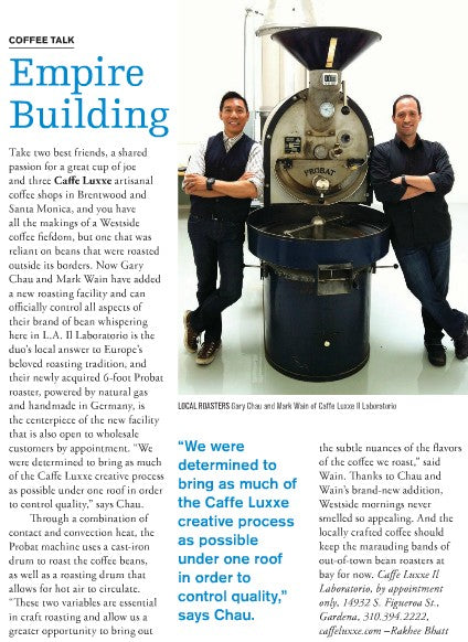 page from Angeleno Magazine featuring an article about Caffe Luxxe, including a photo of the two co-founders of Caffe Luxxe standing next to a coffee roaster and smiling