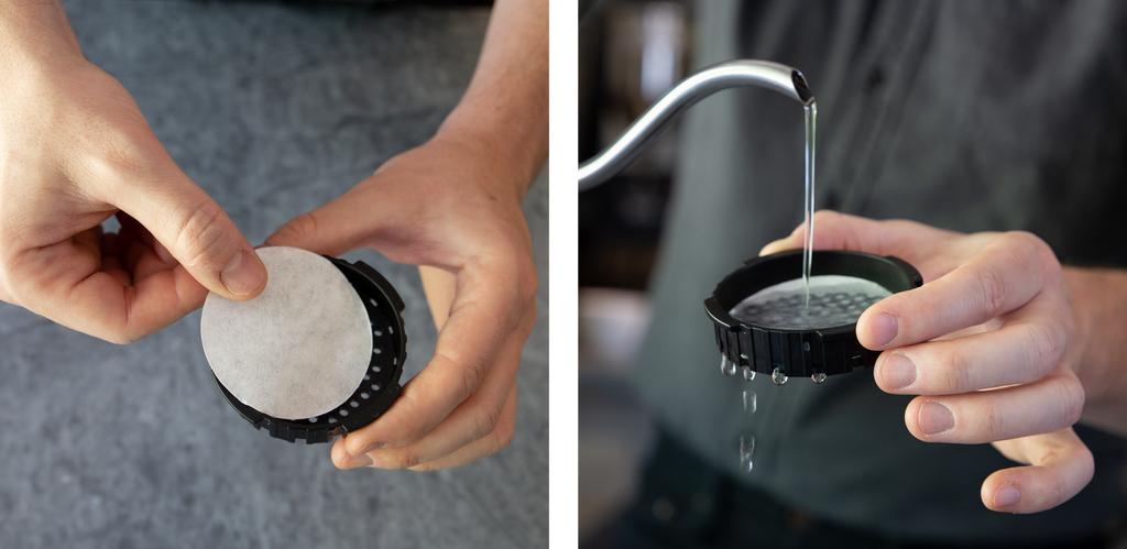 two images side by side. on the left a hand places an aeropress filter in the cap. on the right, water is being poured on the filter & cap assembly