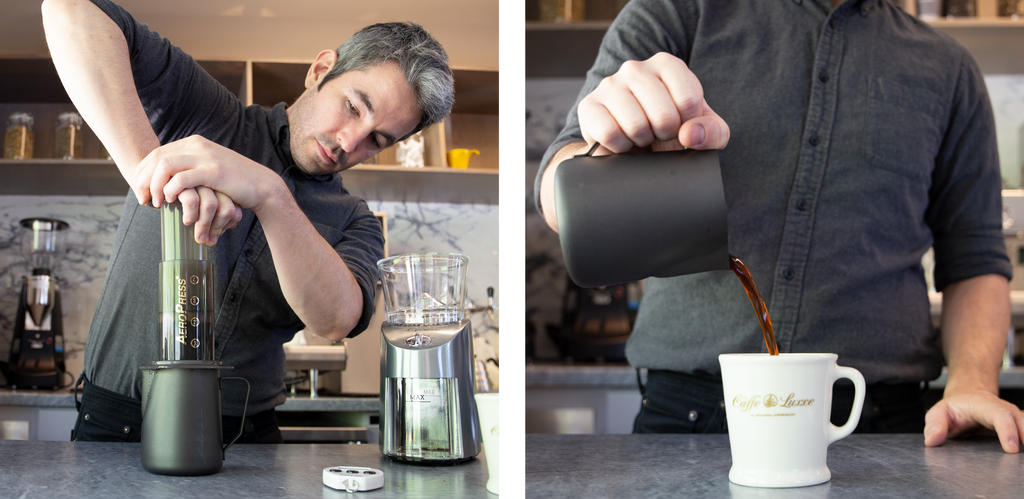 on the left, a person plunging an aeropress into a black pitcher. on the right, a person pouring coffee into a mug
