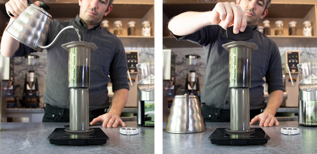 on the left, a person pouring water from a kettle into an aeropress. on the right, a person stirring coffee with a paddle in an aeropress