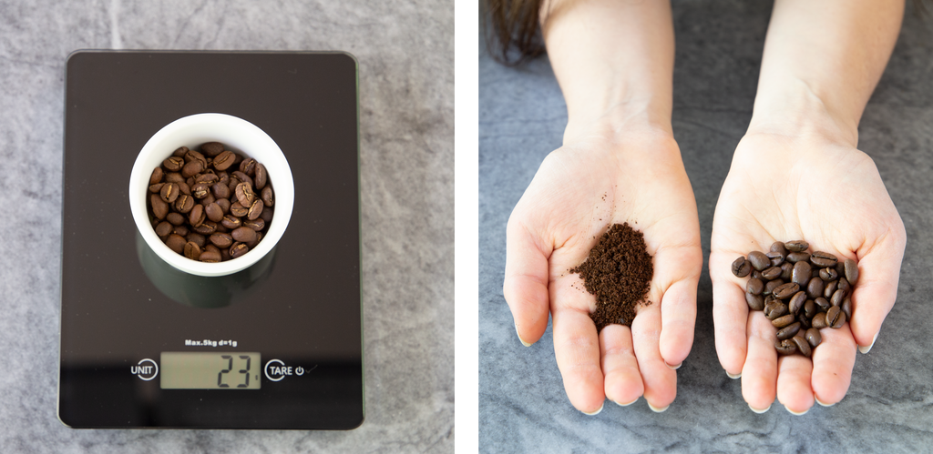 coffee being weighed on on a scale, next to a pair of hands. one hand holds ground coffee, while the other holds whole bean coffee
