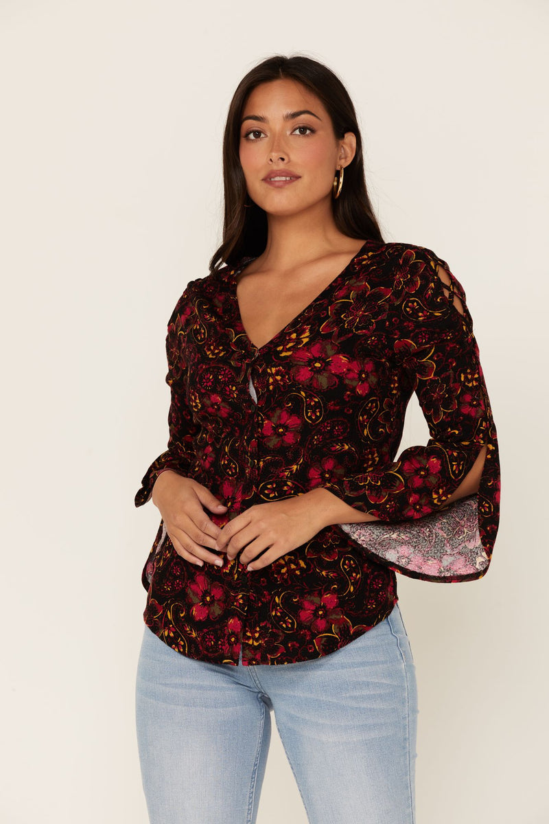 Black Floral Willow Branch Long Sleeve Top