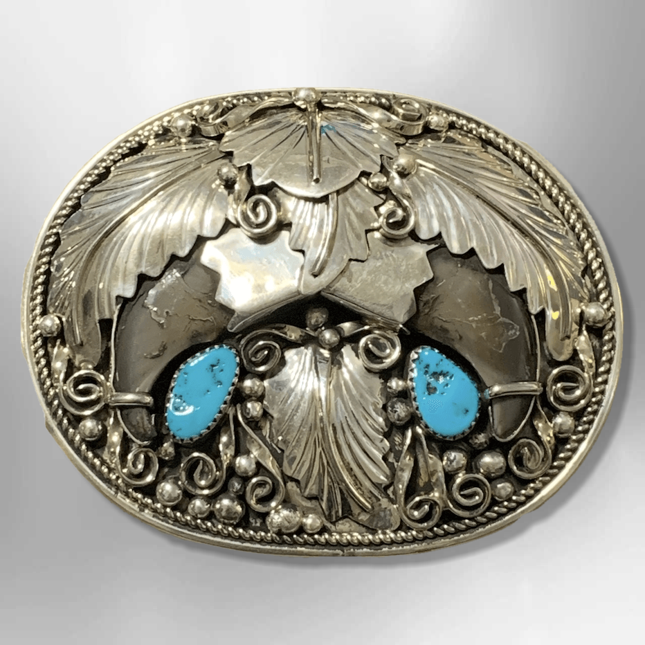 VINTAGE STERLING SILVER & NATURAL TURQUOISE BELT BUCKLE by EDISON