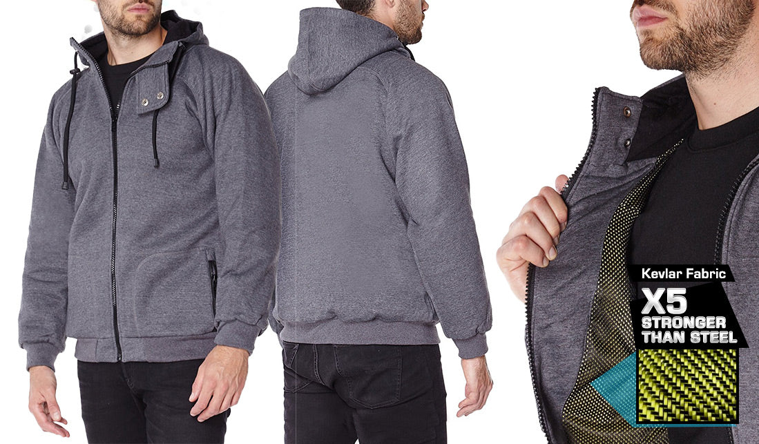GREY ANTI-SLASH HOODED TOP LINED WITH DUPONT KEVLAR FIBRE all views