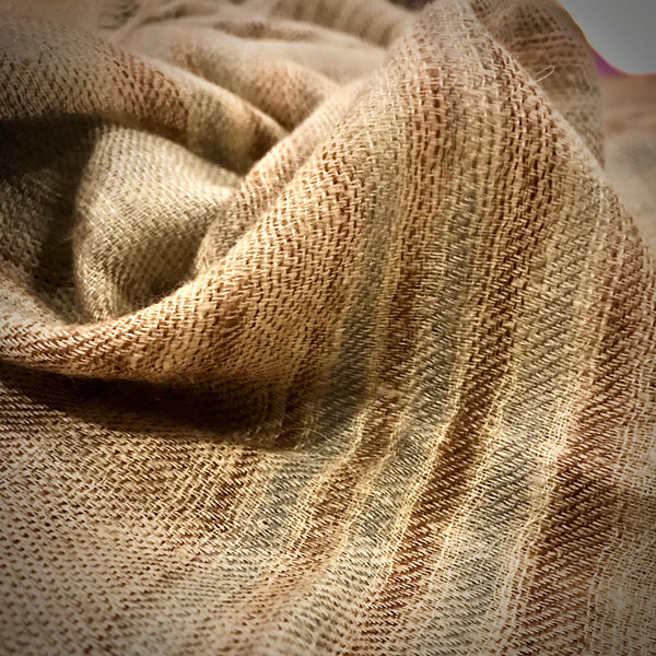 Close up view of handwoven single ply cashmere scarf natural dye | Ethical Cashmere online store