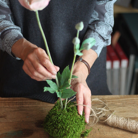 Flower being added to moss ball kokedama