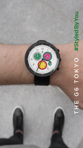 Menswear influencer Alex Bilton minimalist style wearing Newgate Tokyo watch mens leather chronograph watch by Newgate