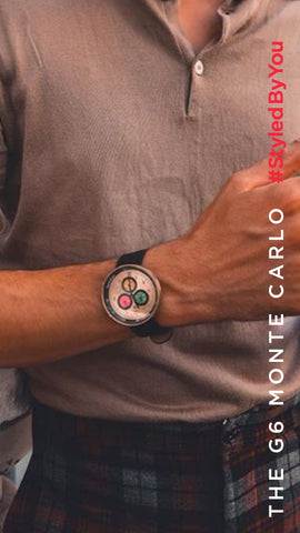 Menswear fashion blogger Mr Carrington wearing G6 Monte Carlo mens chronograph watch gold watch black leather strap watch by Newgate
