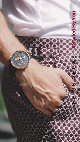 Menswear fashion influencer Skirmantas wearing G6 Vegas chronograph watch by Newgate mens leather watch