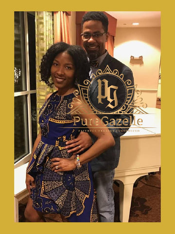 Happy Couple modeling Pure Gazelle Couple Combo with beautiful African Print Dress in blue and gold.  Man wearing matching custom made bow tie and handkerchief. 
