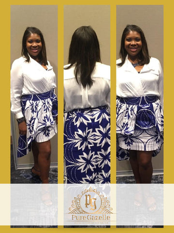 Smiling African American Woman modeling Pure Gazelle african print skirt in blue and white.  Showing the front, back and side view of fitted skirt with attached high low skirt that is longer in the back.