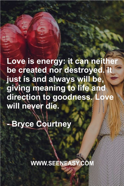 Love is energy: it can neither be created nor destroyed. It just is and always will be, giving meaning to life and direction to goodness. Love will never die. Bryce Courtney