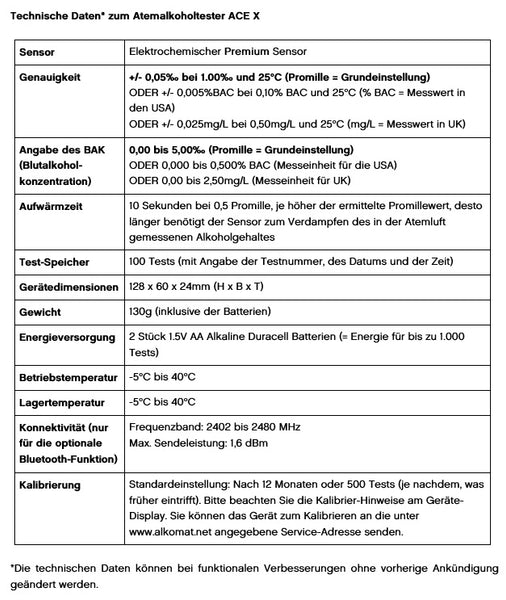 Alkomat ACE X Technische Daten
