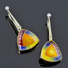 Gold dangle earrings  with yellow, blue, orange and red triangular insert.