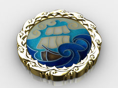 Round glass cloisonne enamel depicting a tall ship at sea with waves curling around ship. Yellow gold frame has waves encircling the enamel.