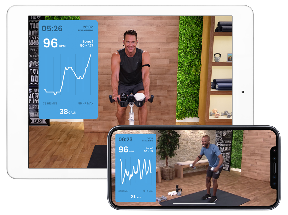 Screens of the MYX app on both an iPhone and iPad showing the MYX coaches one an the exercise bike the other lifting the dumbbells.
