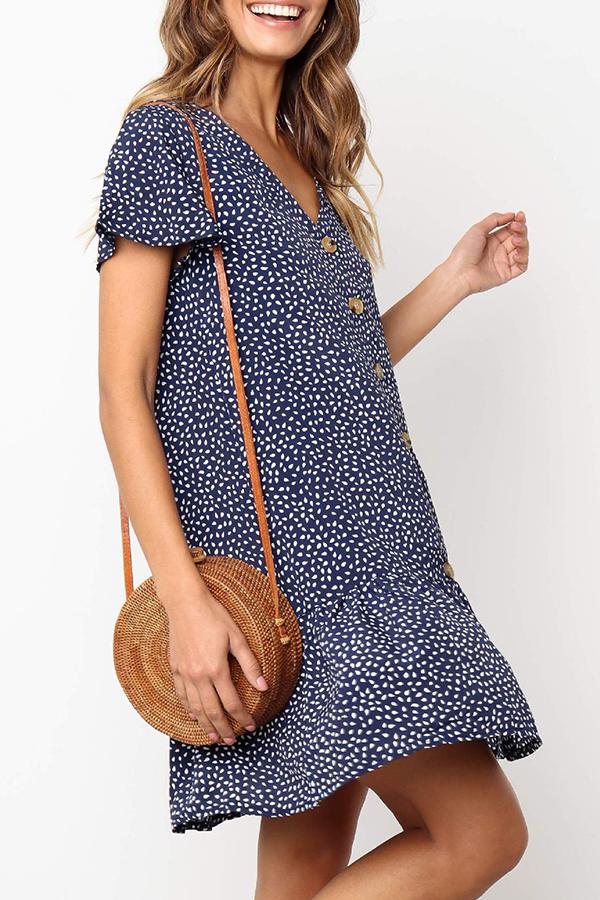 V Neck Button Ruffle Mini Dress