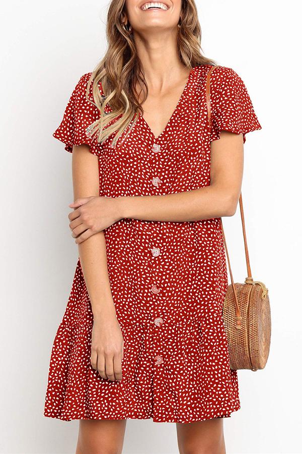 V Neck Button Ruffle Mini Dress
