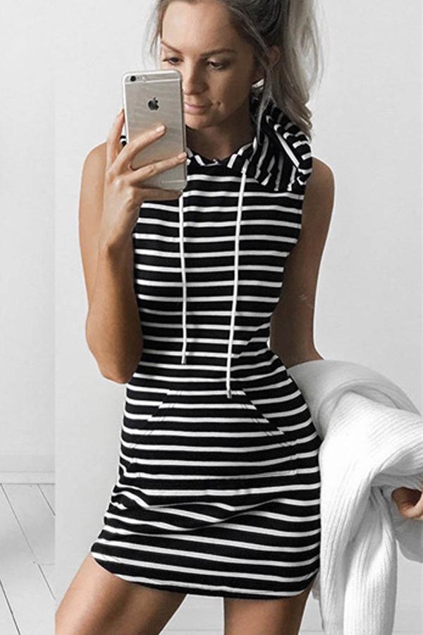 Sleeveless Hooded Drawstring Causal Mini Dress