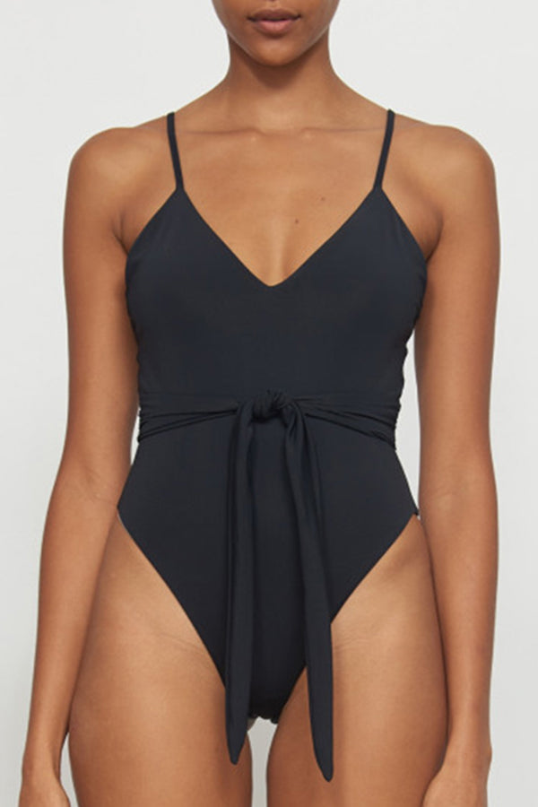 Chicseagal Belt Front Solid Color One Piece Swimwear