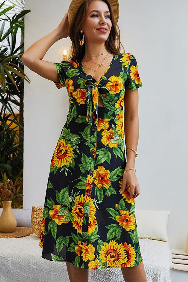 Sunflower Print Tie Front Midi Dress