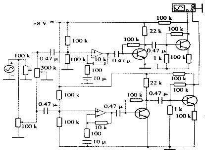 the principle circuit of a stereo audio amplifier