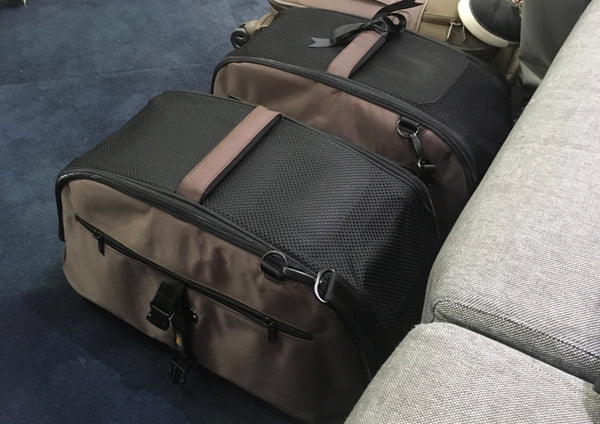 Noggins & Binkles in Sleepypod Air bags waiting at Mauritius Airport