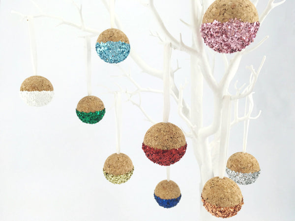 Natural cork baubles with biodegradable glitter, pet safe decorations