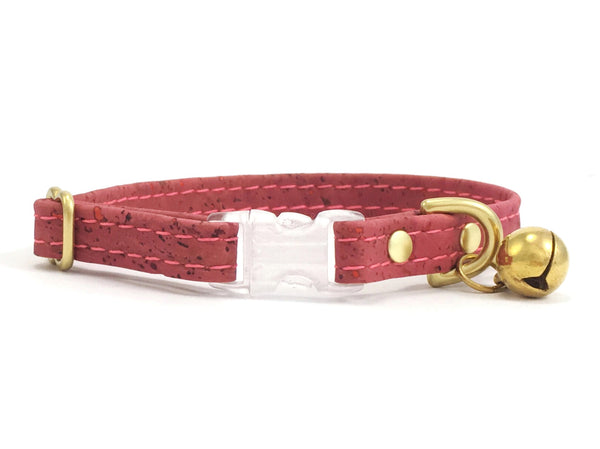 Luxury pink vegan cork leather cat collar with brass bell