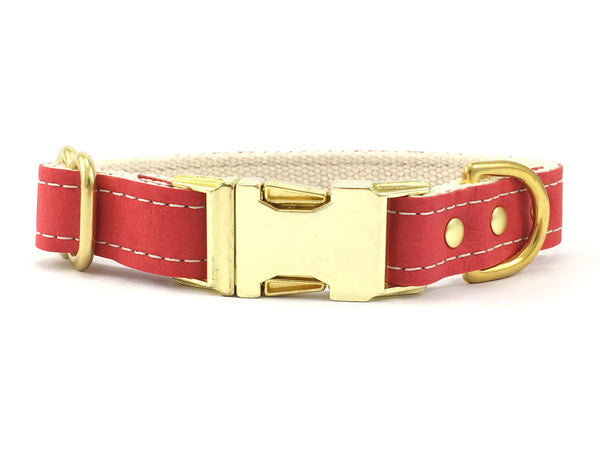Red vegan leather dog collar with brass buckle for dog Valentine's Day gift