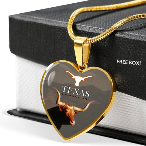 Texas Longhorn Cattle (Cow) Print Heart Pendant Luxury Necklace-Free Shipping