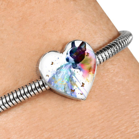 Amazing Colorful Boston Terrier Print Heart Charm Steel Bracelet-Free Shipping