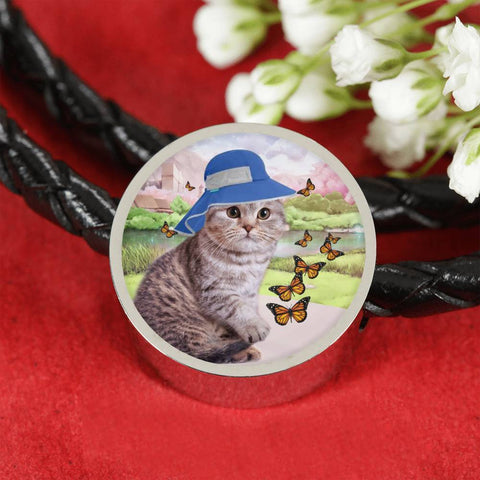 Scottish Fold Cat Print Circle Charm Leather Bracelet-Free Shipping