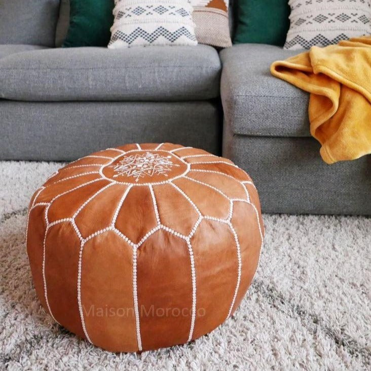 NEW 100% Leather Stunning Tan Moroccan Ottoman or Pouf or Pouffe 