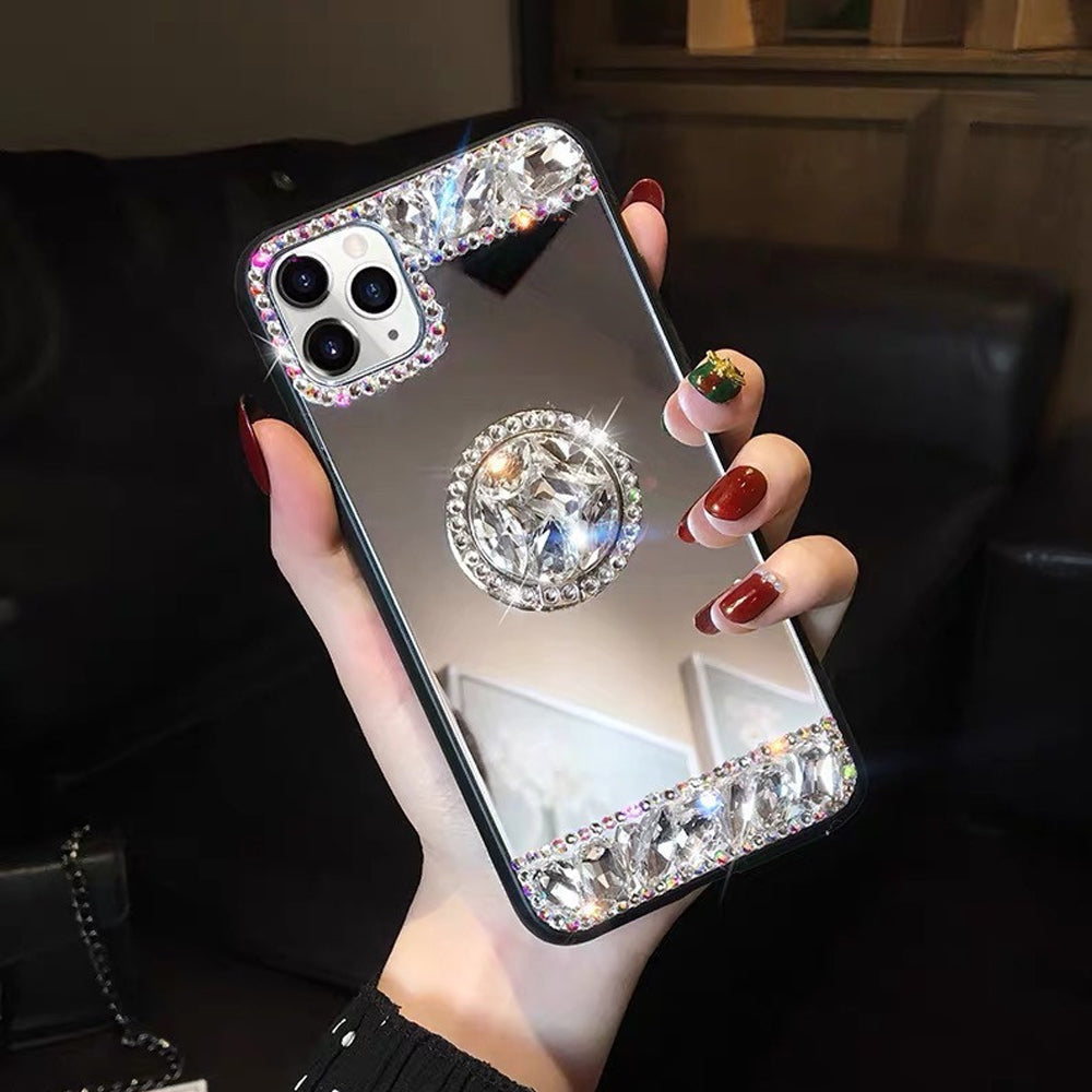 IPHONE 13 PROMAX CASE PLATEADA CON PEDRERIA Y ESPEJO