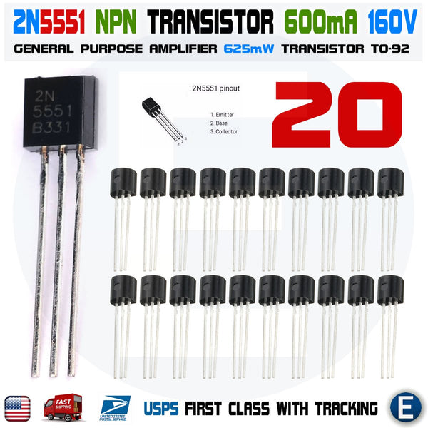 600 mA 160 V 10 x Sur Semi 2N5551BU NPN Transistor 3-Pin TO-92 600 mA 160 V 10 x Sur Semi 2N5551BU NPN Transistor 3-Pin TO-92