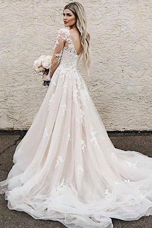 champagne long sleeve wedding dress