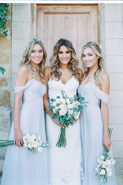 blue off the shoulder bridesmaid dress